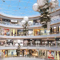 Multi Level Shopping Mall Interior With White Spherical Decorations And Plant Accents