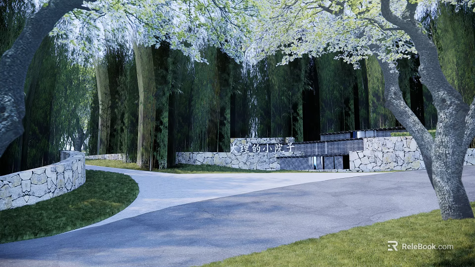 Garden Landscape Design With Curved Stone Path Trees Stone Walls And Lawn 3d model 