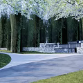 Garden Landscape Design With Curved Stone Path Trees Stone Walls And Lawn