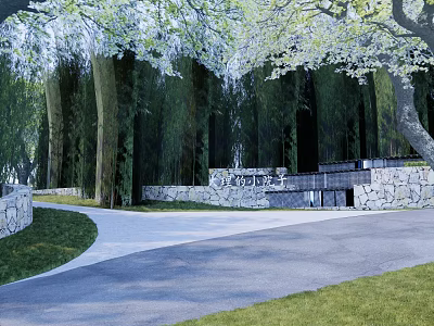Garden Landscape Design With Curved Stone Path Trees Stone Walls And Lawn 3d model