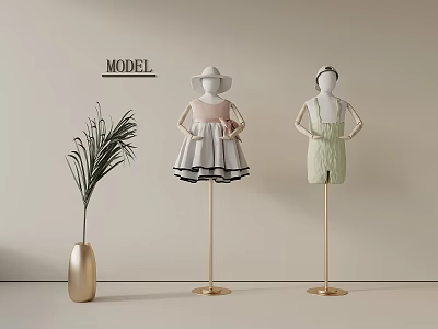 Stylish Mannequins Wearing Dresses With Gold Vase And Plant On Beige Wall 3d model