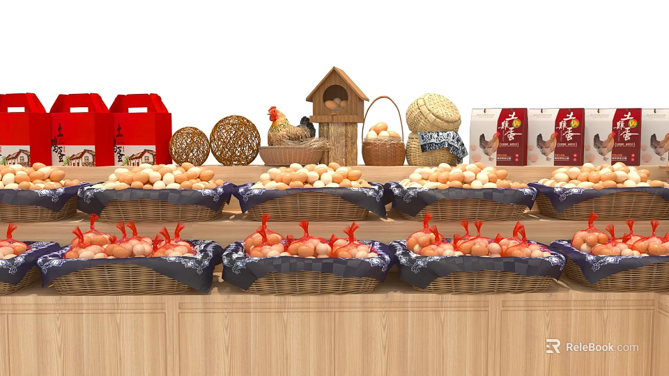 Supermarket Grocery Display With Fresh Eggs Woven Baskets And Red Shopping Bags 3d model 