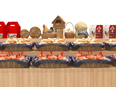 Supermarket Grocery Display With Fresh Eggs Woven Baskets And Red Shopping Bags 3d model