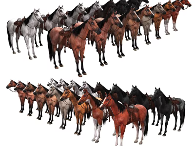 Group of Colorful Horses With Saddles Standing In Rows On White Background 3d model