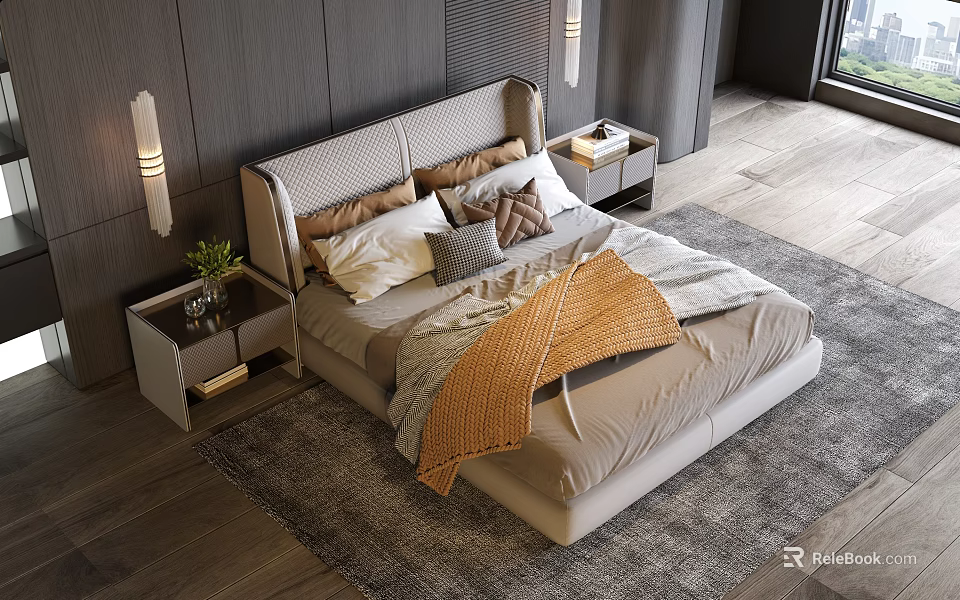 Modern Double Bed With Upholstered Headboard Pillows Orange Blanket Sleek Nightstands And Gray Rug 3d model 