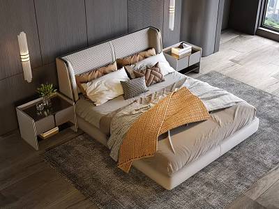 Modern Double Bed With Upholstered Headboard Pillows Orange Blanket Sleek Nightstands And Gray Rug 3d model