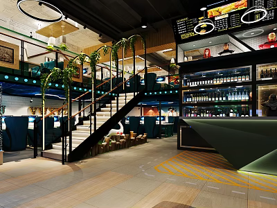 Modern Internet Cafe Interior With Staircase Green Plants Bar Counter And Screens 3d model