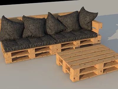 Wooden Pallet Double Sofa With Dark Cushions And Matching Coffee Table 3d model