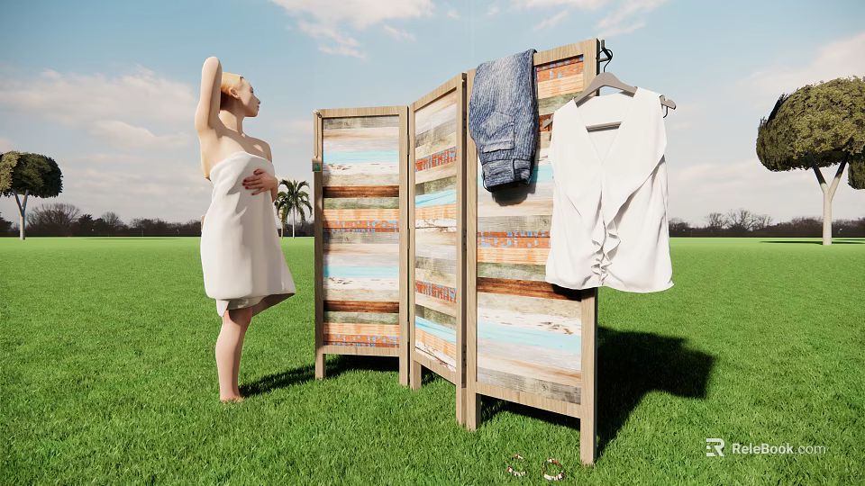 Woman Wearing White Towel Standing on Green Grass Next to Wooden Screen with Hanging Clothes 3d model 