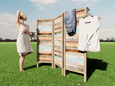 Woman Wearing White Towel Standing on Green Grass Next to Wooden Screen with Hanging Clothes 3d model