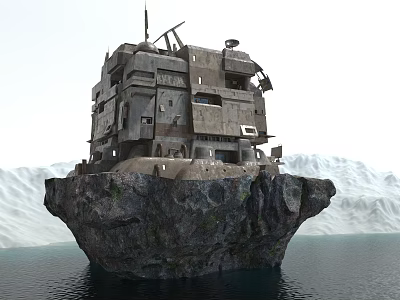 Future Architecture Multi Level Structure on Rock Formation by Water and Snowy Mountains 3d model