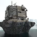 Future Architecture Multi Level Structure on Rock Formation by Water and Snowy Mountains