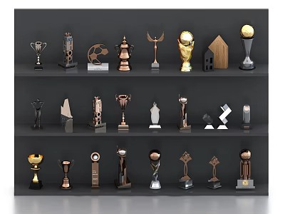 Trophies and Medals Collection On Display Shelves With Various Designs Materials and Colors 3d model