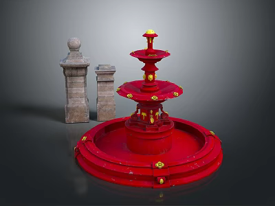 Red Multi Tiered Fountain With Stone Pillars And Ornate Gold Details 3d model