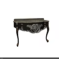 Ornate Vanity With Marble Countertop Golden Accents And Carved Drawer Details