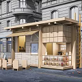 Wooden Coffee Shop Exterior With Outdoor Seating Awning And Coffee Display Shelves