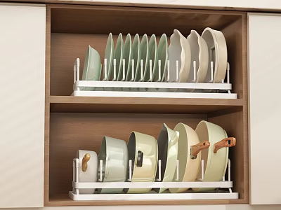 Wooden Kitchen Cabinet With Dinnerware Set Plates Bowls On White Racks 3d model