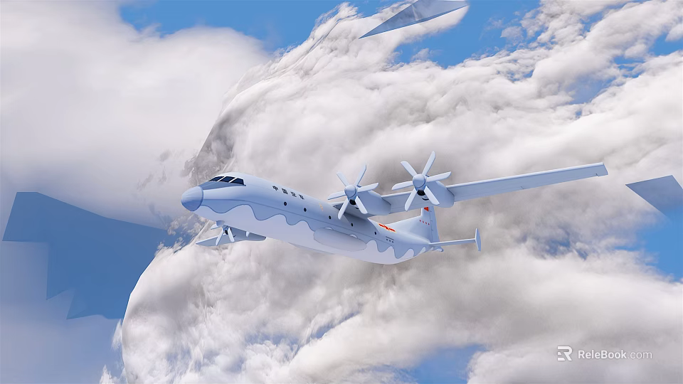 White Passenger Plane Flying in Clouds with Blue Sky and Four Propellers Red Logo 3d model 