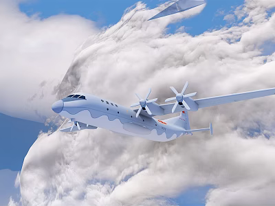 White Passenger Plane Flying in Clouds with Blue Sky and Four Propellers Red Logo 3d model