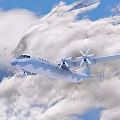 White Passenger Plane Flying in Clouds with Blue Sky and Four Propellers Red Logo