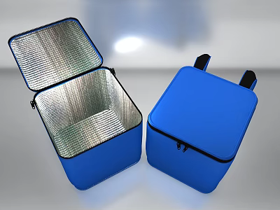 Blue Cooler Boxes Set With Open Lid Silver Lining And Closed Case Black Handles 3d model