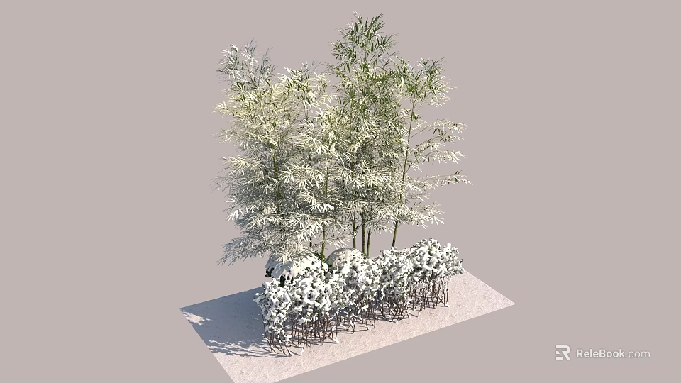 Mixed Plant Combination With Tall Bamboo And White Flowering Shrubs 3d model 