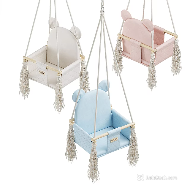 Adorable Kids Hanging Chair with Bear Ear Design White Pink Blue Tassel and Wooden Frame 3d model 