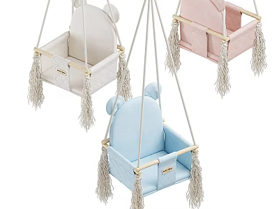 Adorable Kids Hanging Chair with Bear Ear Design White Pink Blue Tassel and Wooden Frame 3d model