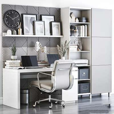 Modern Home Office Desk and Chair Set With Laptop Framed Pictures Bookshelf and Storage Boxes 3d model