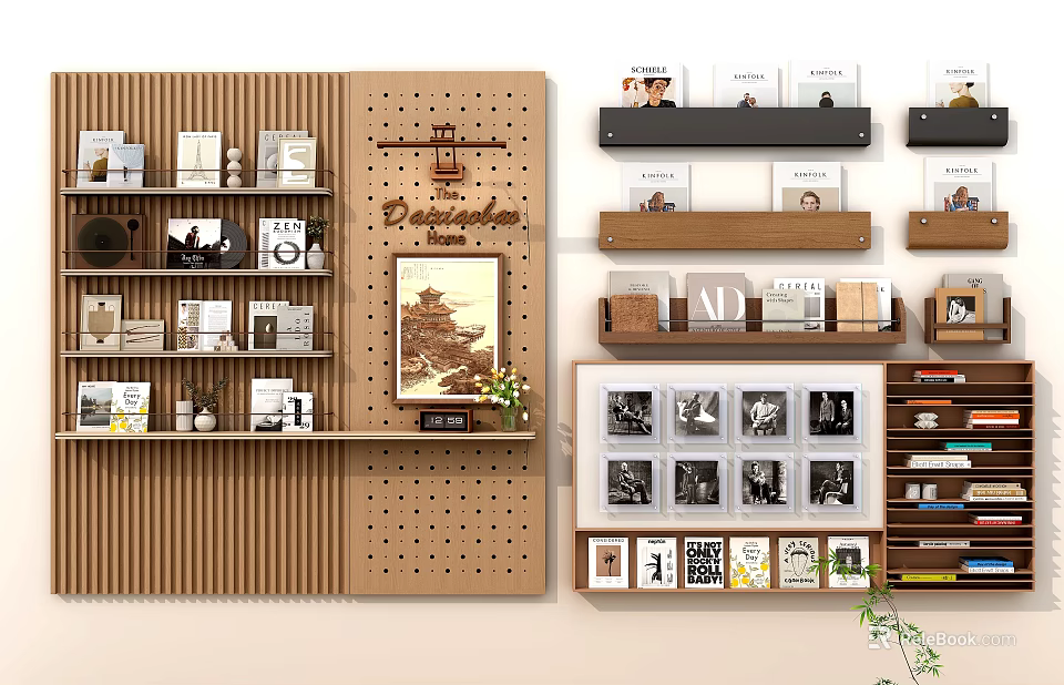 Wooden Wall Mounted Shelves With Books Decorative Items And Photo Frames 3d model 