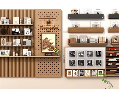 Wooden Wall Mounted Shelves With Books Decorative Items And Photo Frames 3d model