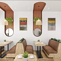 Warm Restaurant Interior Featuring Vintage Posters Brown Booth Sofas Small Round Tables And Hanging Plants