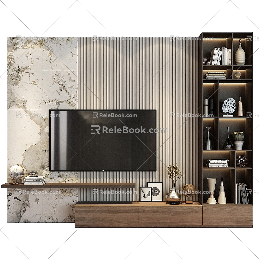 Modern TV Background Wall Color TV TV Book Vase 3d model