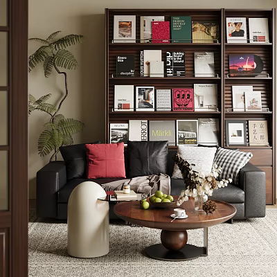 Cozy Study Room Interior With Bookshelf Books Leather Sofa Pillows Coffee Table And Plant 3d model