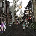 Traditional Commercial Street Landscape With Ancient Architecture Stone Pavement Trees And Pedestrians