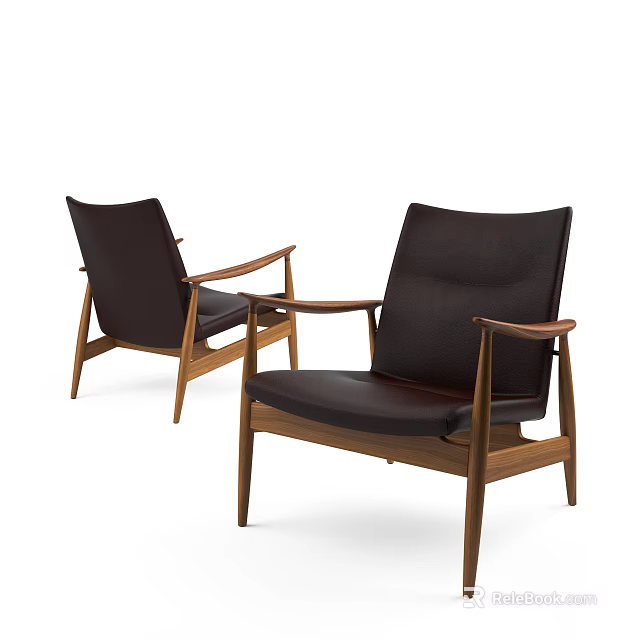 Pair of Modern Accent Chairs with Leather Seats and Wooden Frames 3d model 