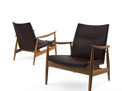 Pair of Modern Accent Chairs with Leather Seats and Wooden Frames 3d model
