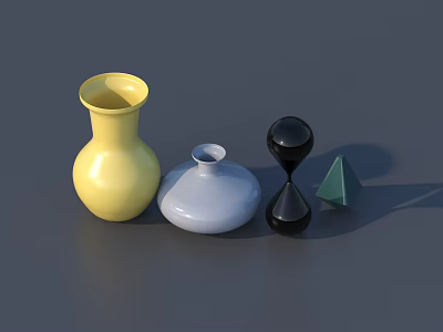 Stylish Coffee Table With Yellow Vase Light Blue Dome Container Black Hourglass And Green Pyramid 3d model