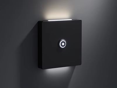 Modern Minimalist Square Black Wall Light With Round Illuminated Button On Gray Wall 3d model