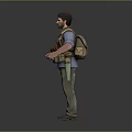Man In Blue Shirt With Brown Backpack Utility Belt Khaki Pants And Dark Shoes