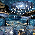 Elegant Banquet Hall With Starry Ceiling Blue Gold Decor And Hanging Lights