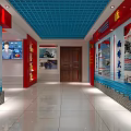 Safety Appraisal Work Exhibition Hall With Blue Red Wall Displays And Slogans