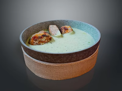 Ceramic Bowl With Green Soup Placed On Woven Mat As Daily Kitchen Utensil 3d model