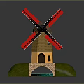 Windmill Model With Red Blades Black Center Yellow Tower Brown Roof Green Grass Blue Water