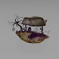 Enchanting Thatched Cottage Scene With Decorative Branches Purple Yellow Grassland And Small Decorations