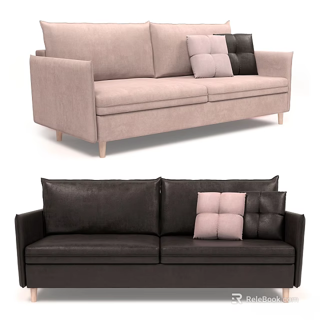 Light Pink And Dark Brown Two Seater Sofa With Square Cushions Design 3d model