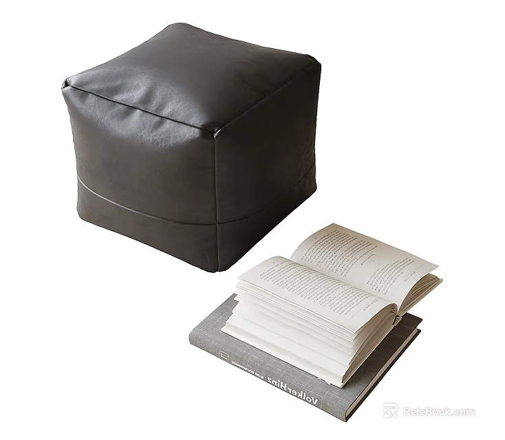 Black Ottoman With Open Book And Stack Of Books On Gray Surface 3d model 