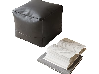 Black Ottoman With Open Book And Stack Of Books On Gray Surface 3d model