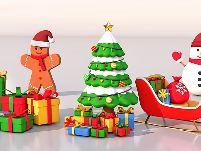 Festive Christmas Themed Decorative Ornament Set with Gingerbread Man Tree Snowman Gift Boxes and Sleigh 3d model