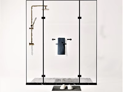 Modern Gold Shower Head In Glass Enclosure With Black Bath Mat And White Slippers 3d model